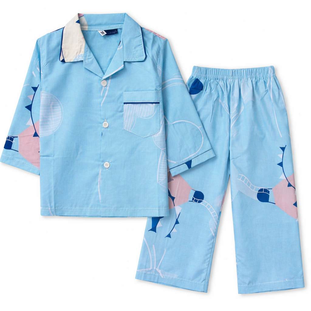 Sky Blue Summer Night Suit for Boys – Play Print (1-4 Years) - Lil' Cubs