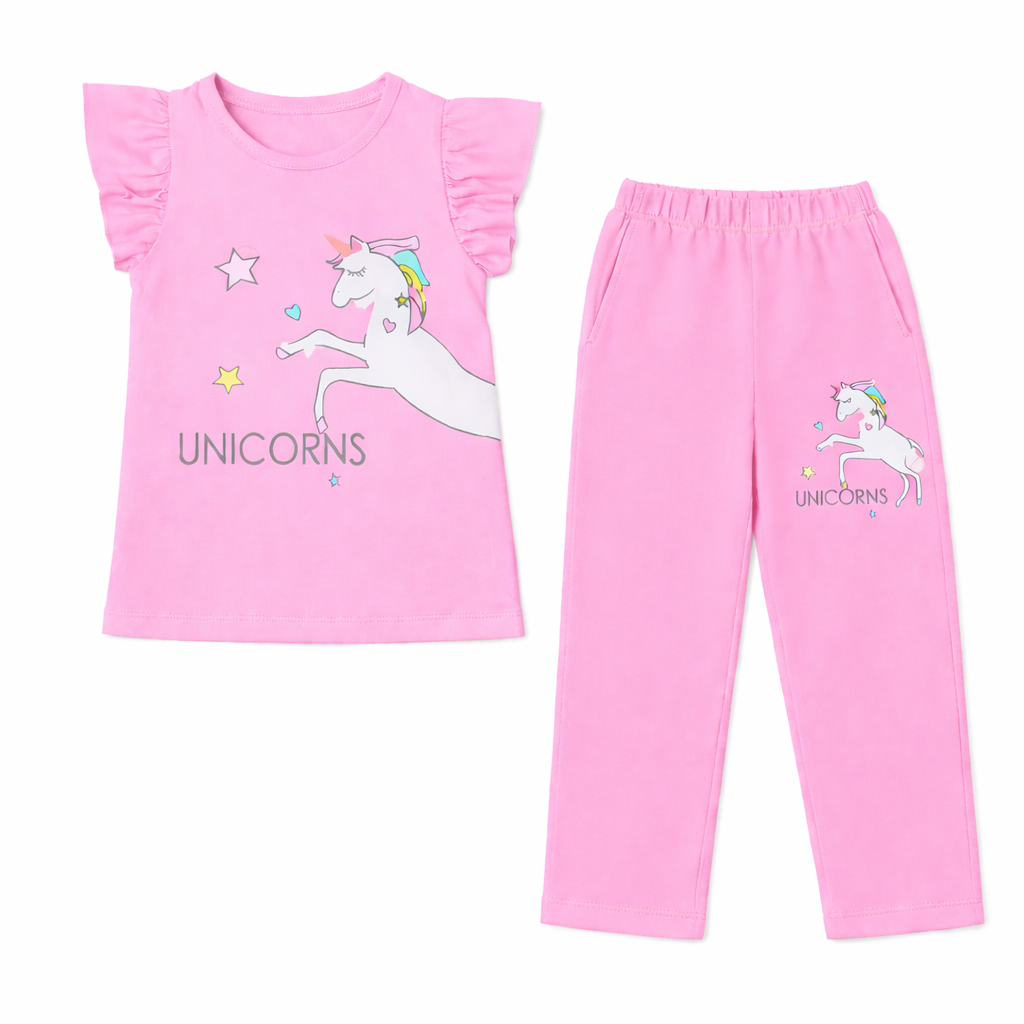 Light pink unicorn print summer coord set for kids, featuring a 2-piece jersey cotton outfit by Lil' Cubs with playful unicorn design.