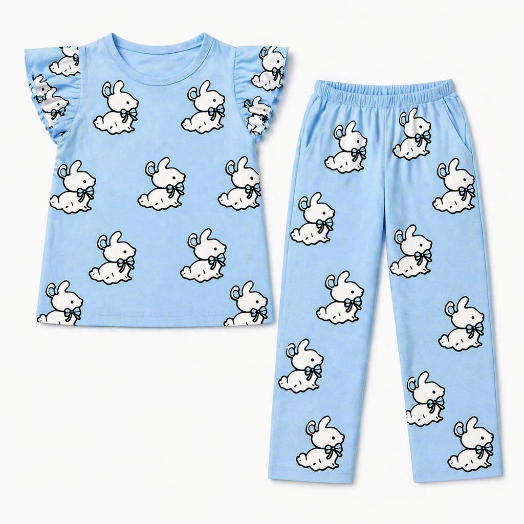 Light blue girl’s summer coord set with cute rabbit print by lilcubspk, featuring a top and shorts for ages 1-12.