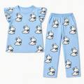 Light blue girl’s summer coord set with cute rabbit print by lilcubspk, featuring a top and shorts for ages 1-12.
