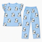 Light blue girl’s summer coord set with cute rabbit print by lilcubspk, featuring a top and shorts for ages 1-12.
