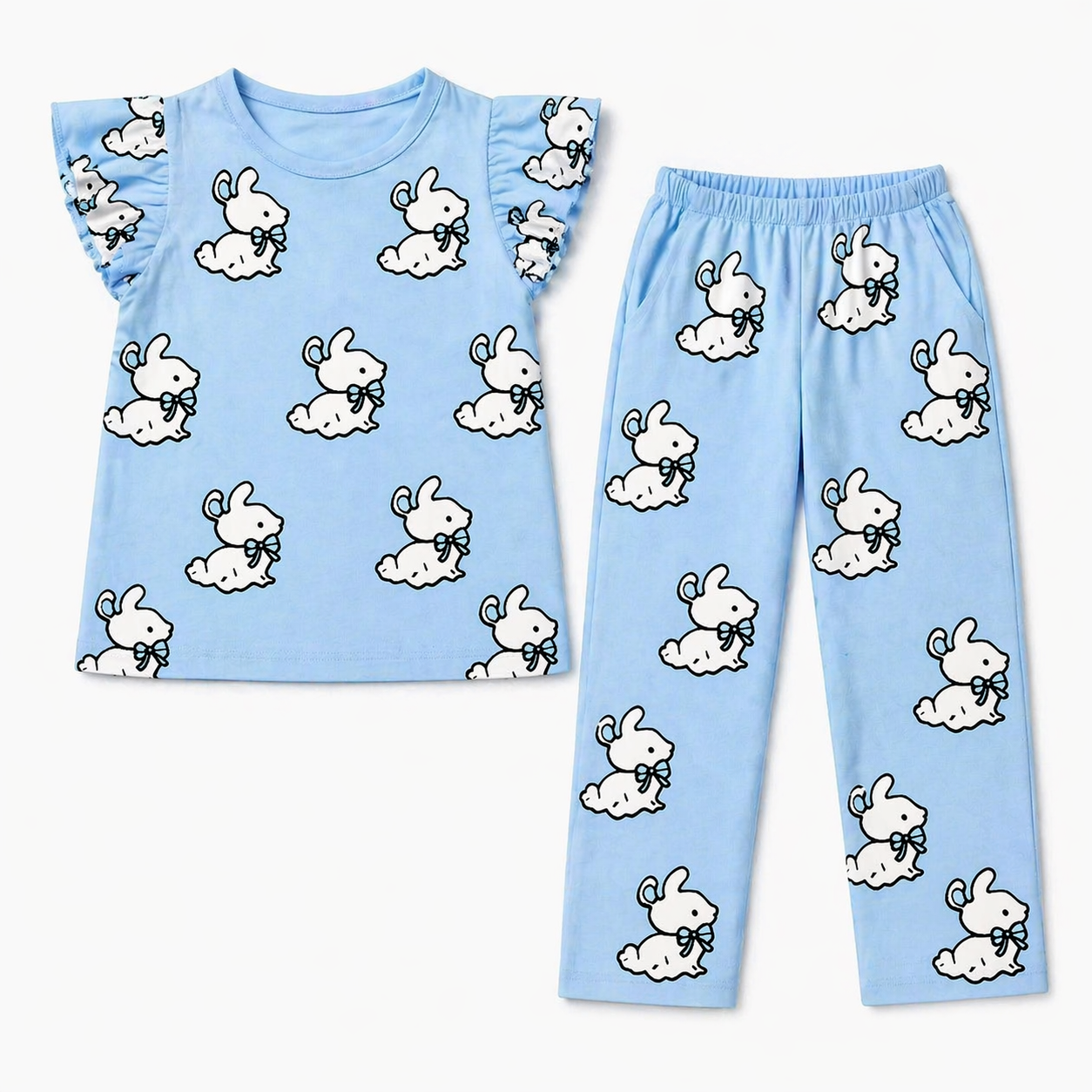 Light blue girl’s summer coord set with cute rabbit print by lilcubspk, featuring a top and shorts for ages 1-12.