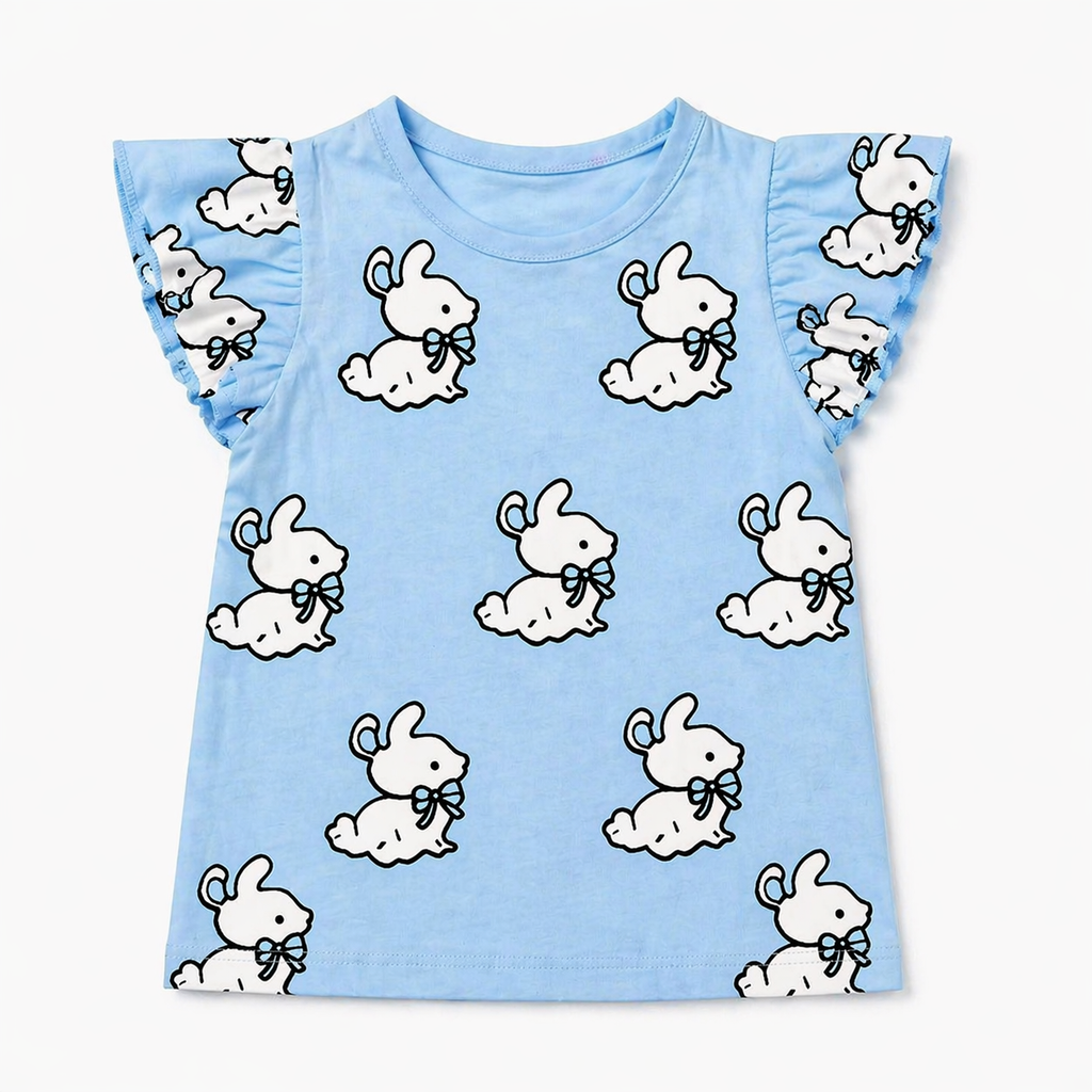 Light blue girls' summer coord set with cute rabbit print by lilcubspk, featuring a sleeveless top and shorts for ages 1-12.