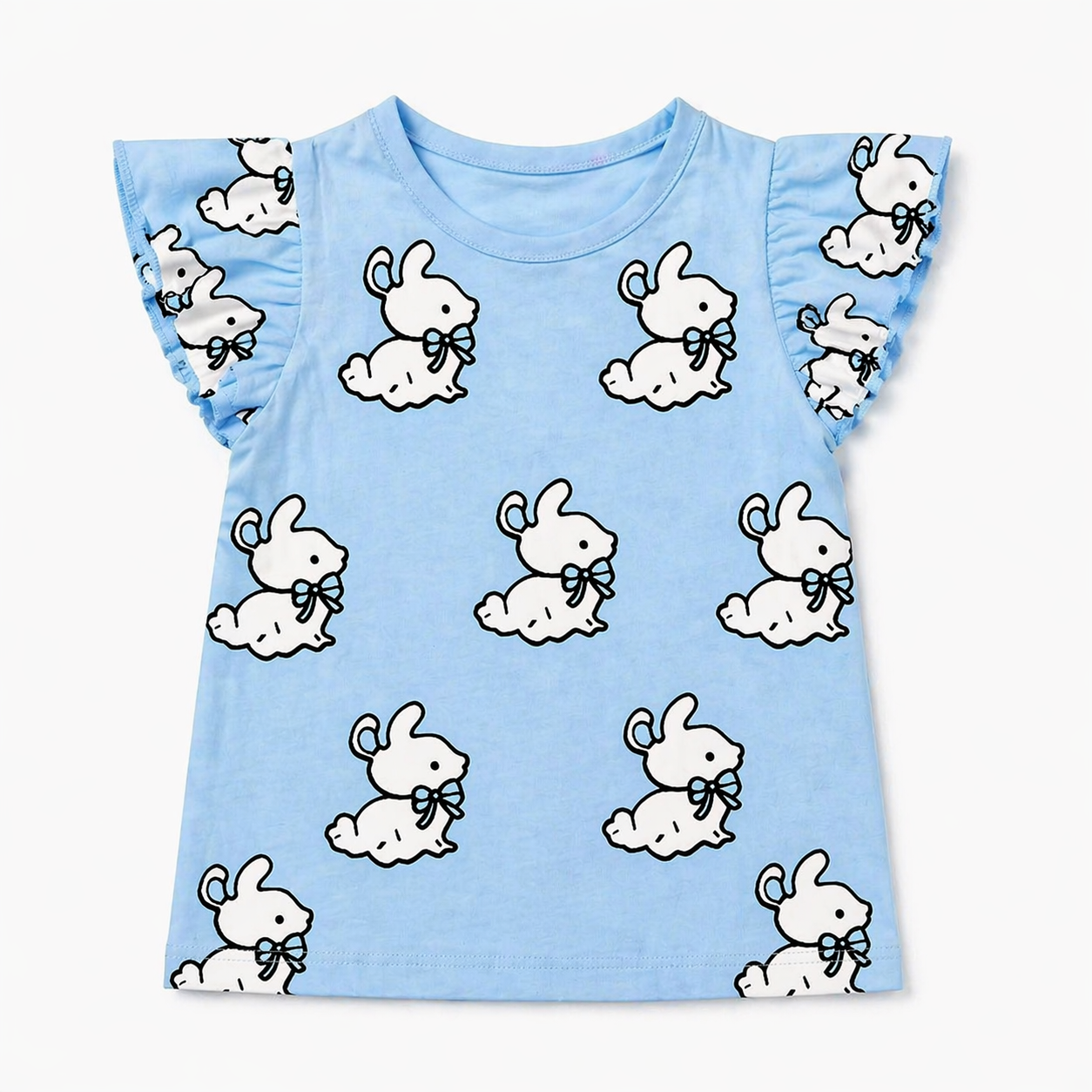 Light blue girls' summer coord set with cute rabbit print by lilcubspk, featuring a sleeveless top and shorts for ages 1-12.