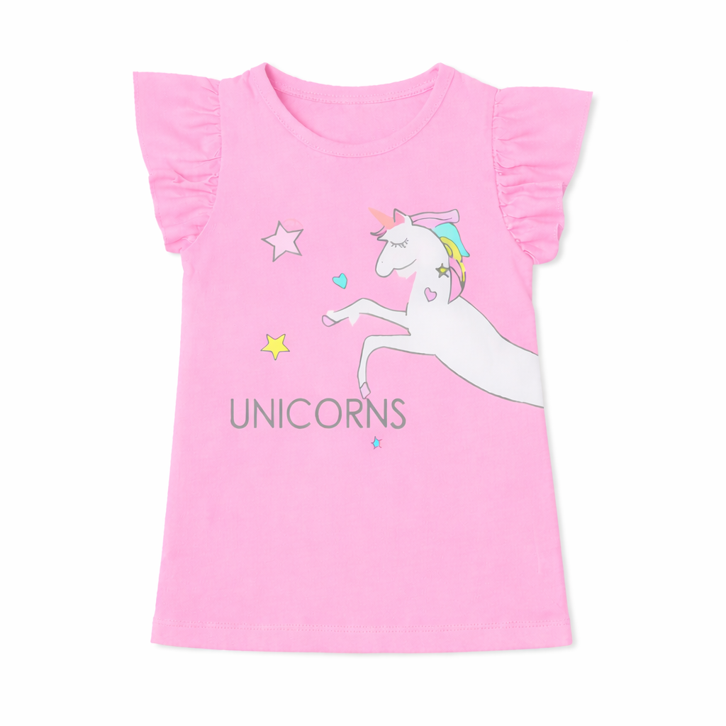 Light pink unicorn print summer coord set by Lil' Cubs, featuring a two-piece jersey cotton fabric outfit for kids.
