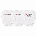 Set of three newborn printed bodysuits by Lil' Cubs featuring "Mama & Papa Love" designs, soft cotton fabric, and snap closures.