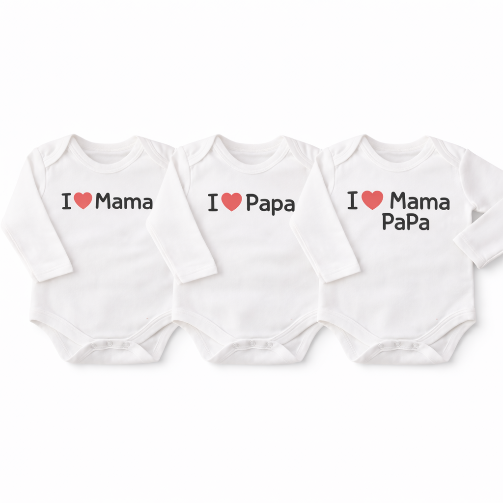 Set of three newborn printed bodysuits by Lil' Cubs featuring "Mama & Papa Love" designs, soft cotton fabric, and snap closures.