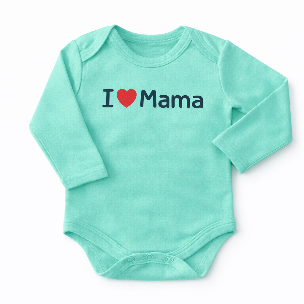 Three printed newborn bodysuits from Lil' Cubs' Mama & Papa Love set, featuring cute heart and text designs for babies.