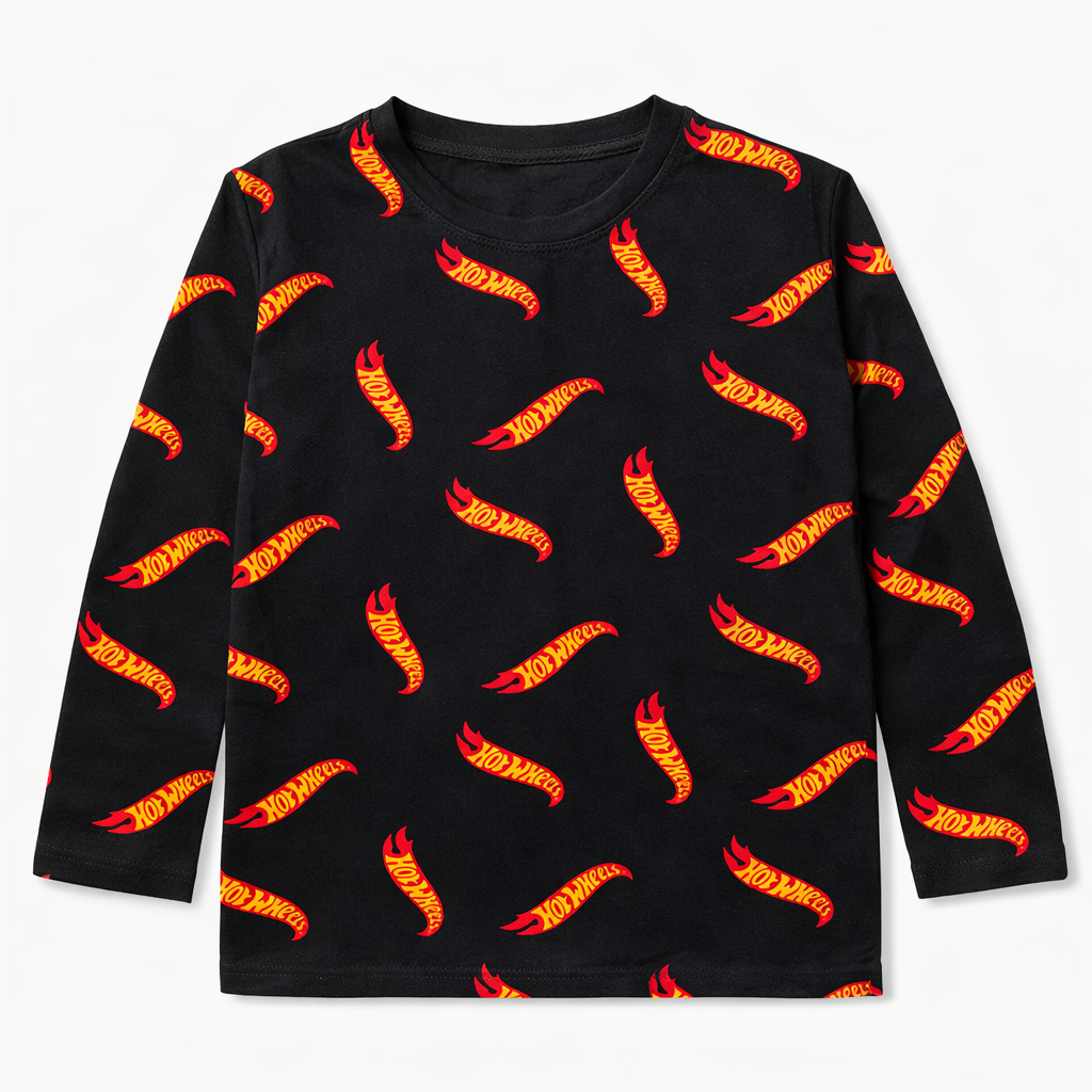 Black Hot Wheels print full sleeve t-shirt by lilcubspk featuring colorful Hot Wheels car graphics on soft fabric.