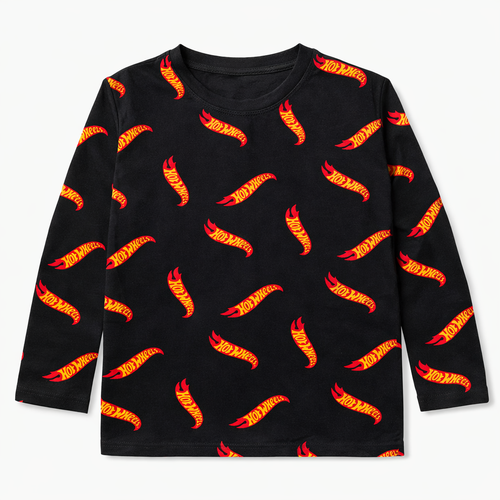 Black Hot Wheels print full sleeve t-shirt by lilcubspk featuring colorful Hot Wheels car graphics on soft fabric.