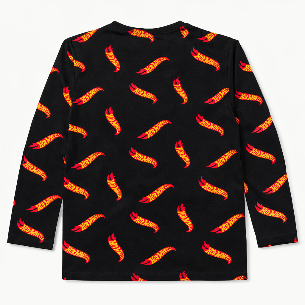 Black Hot Wheels print full sleeves t-shirt by lilcubspk featuring colorful Hot Wheels car graphics on the front and sleeves.