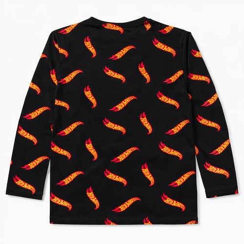 Black Hot Wheels print full sleeves t-shirt by lilcubspk featuring colorful Hot Wheels car graphics on the front and sleeves.