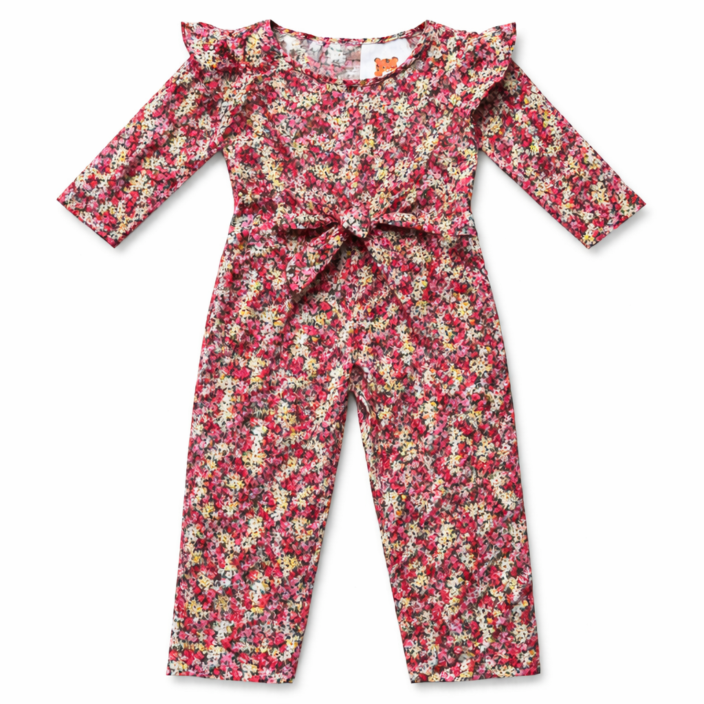 Girls pink floral jumpsuit, lilcubspk brand, stylish jump dress with colorful flower pattern and comfortable fit.