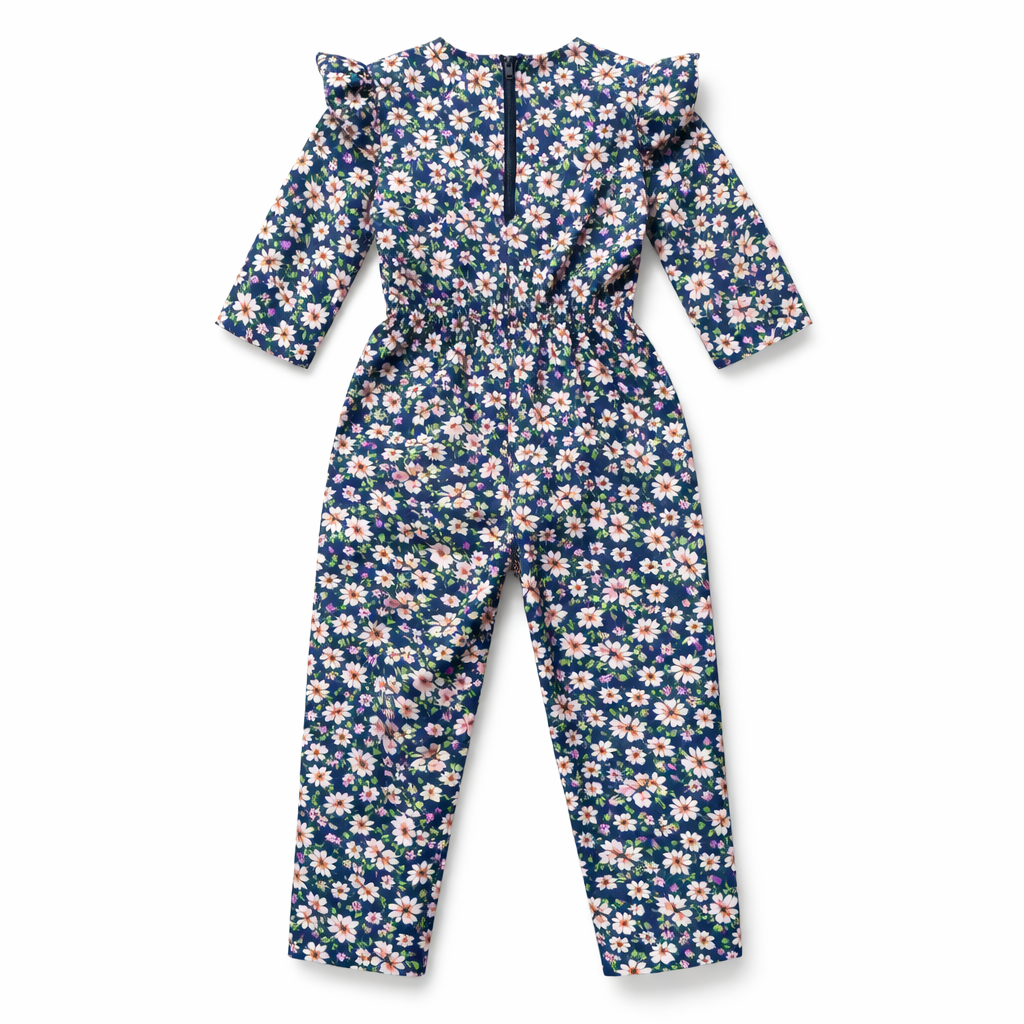 Girls Navy Blue Floral Jumpsuits - Lil' Cubs