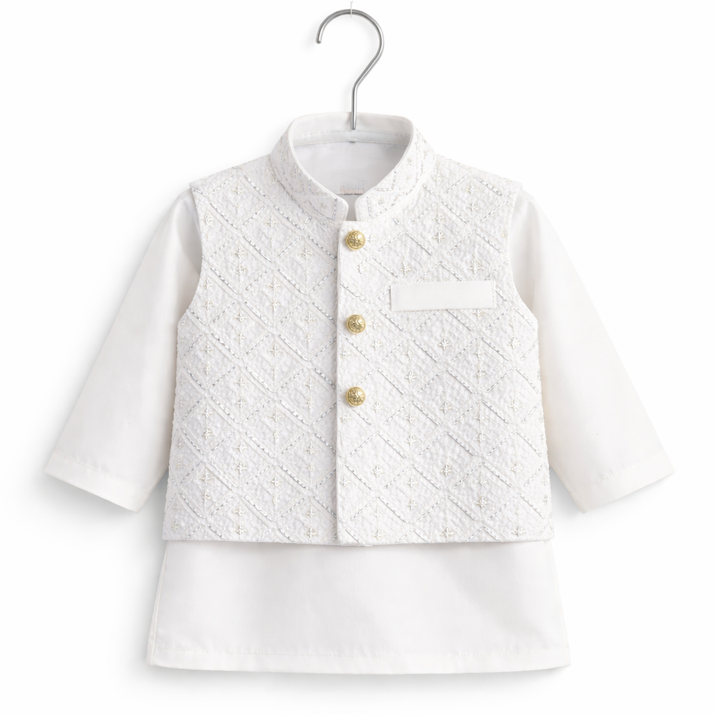 Baby White Shalwar Kameez with Waist Coat - Lil' Cubs
