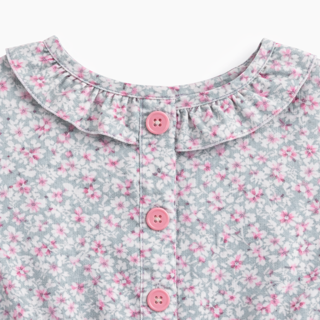 Grey frock with pink floral print, two-piece girls' dress by lilcubspk, featuring a comfortable and stylish design with vibrant floral details.