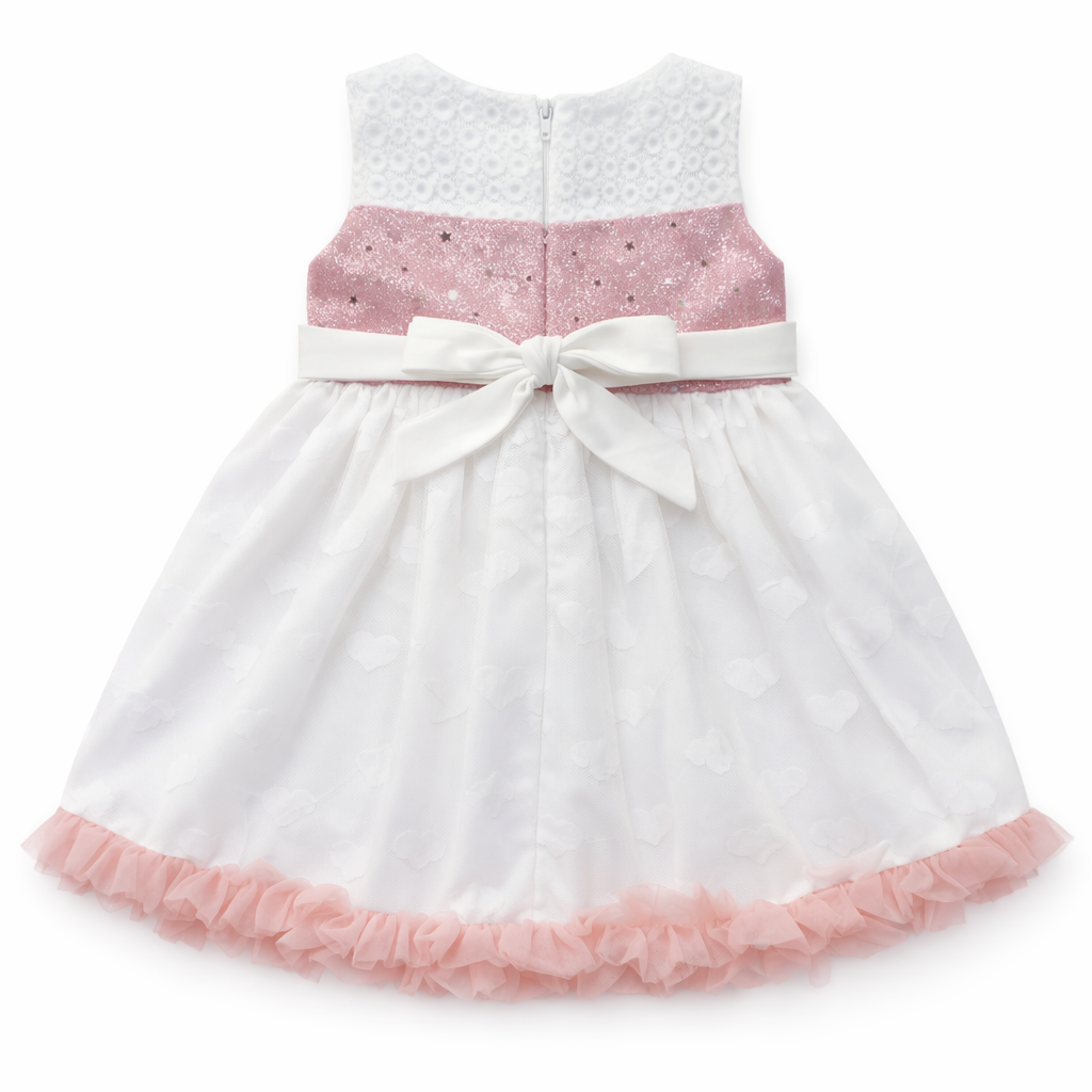 White and pink lilcubspk frock with heart print, two-piece design, featuring a charming and comfortable outfit for young girls.