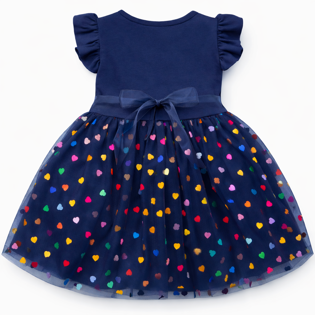 Navy blue frock for girls with colorful unicorn print and ruffled sleeves, by lilcubspk, suitable for casual or special occasions.