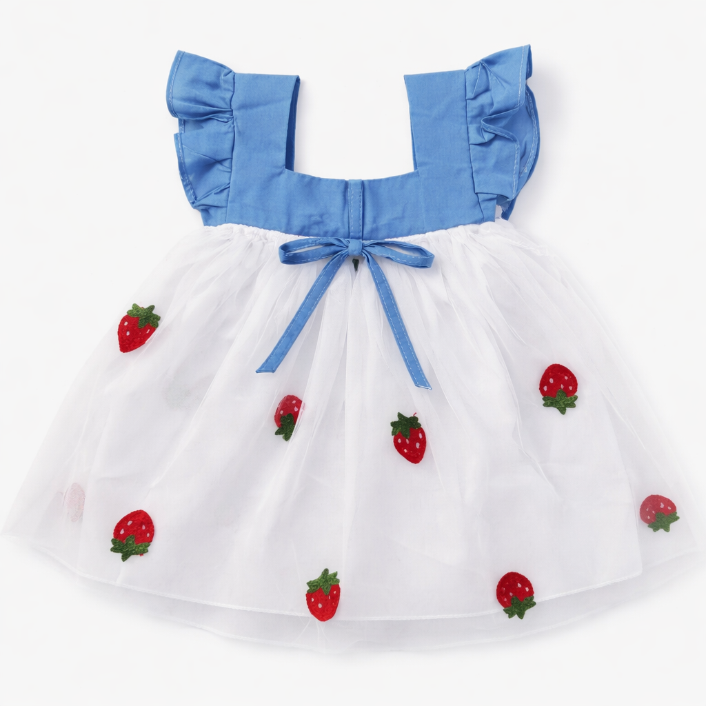 Blue and white frock with strawberry print for kids by lilcubspk, featuring a cute and colorful design suitable for young children.