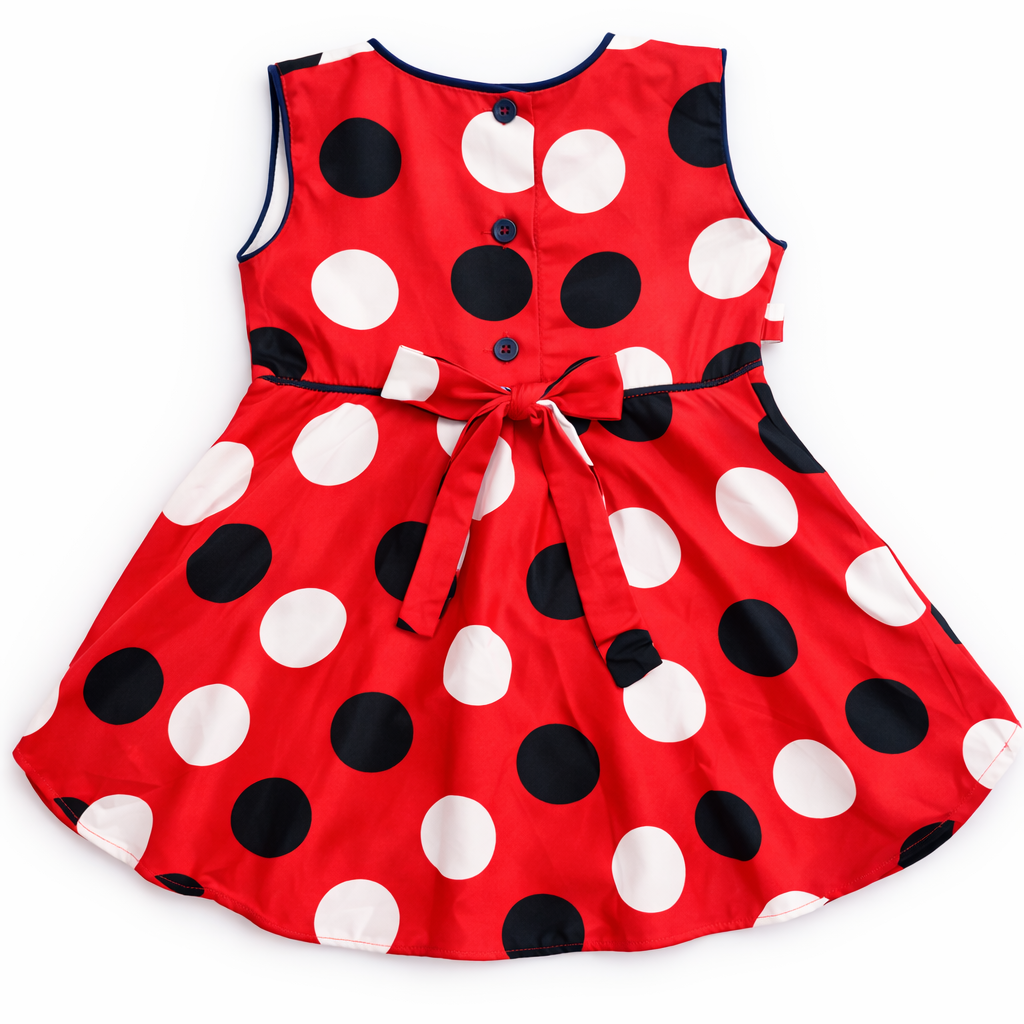 Red lilcubspk frock with circles print, two-piece set featuring a stylish, comfortable design for girls.
