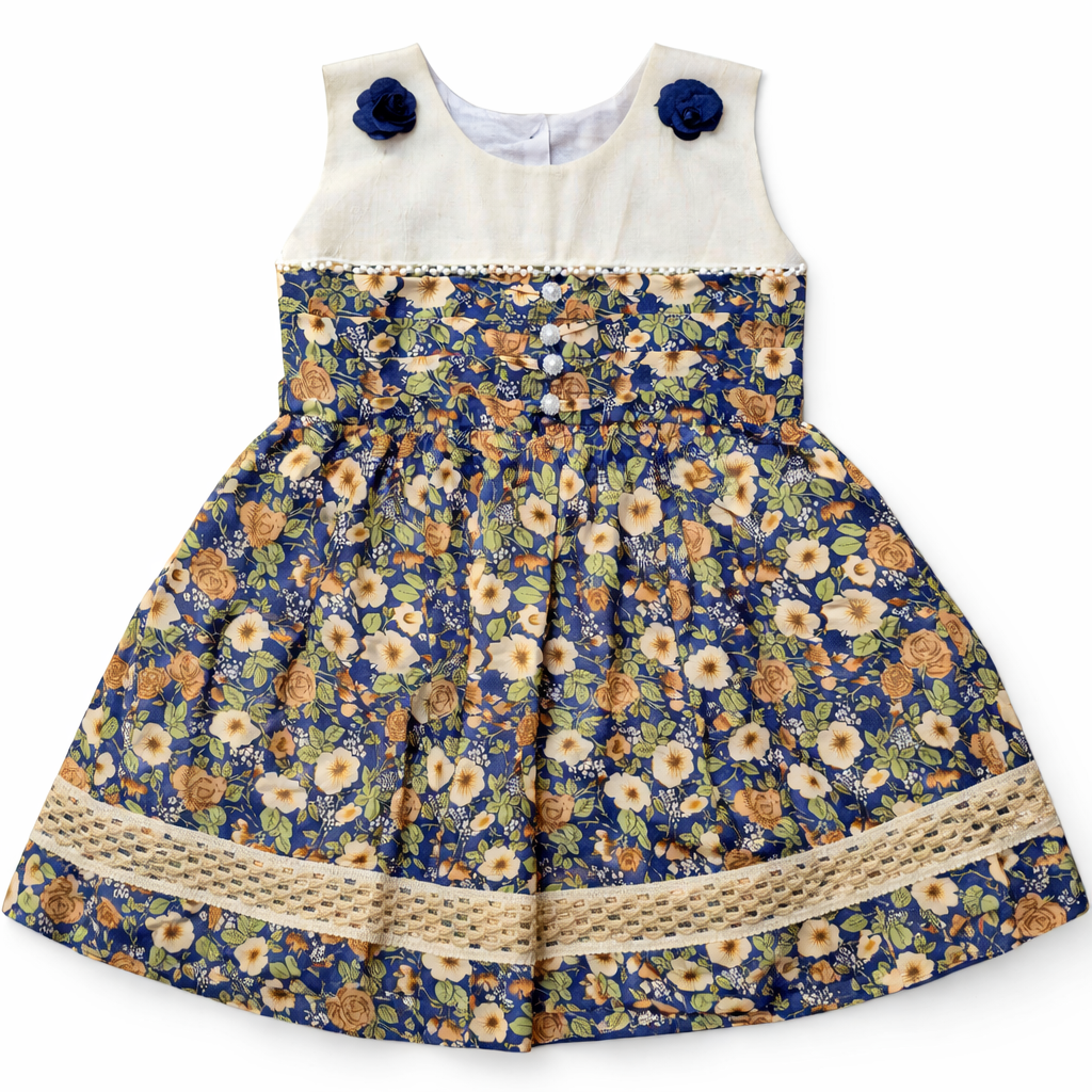 White and navy blue floral print 2-piece frock for girls by lilcubspk, featuring colorful floral patterns and comfortable fabric.