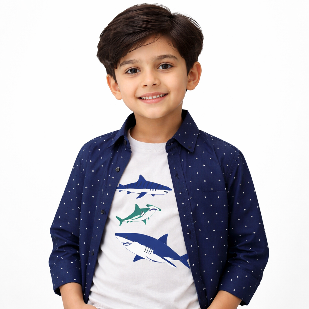 Navy Blue Casual Shirt with Fishes Print T-Shirt