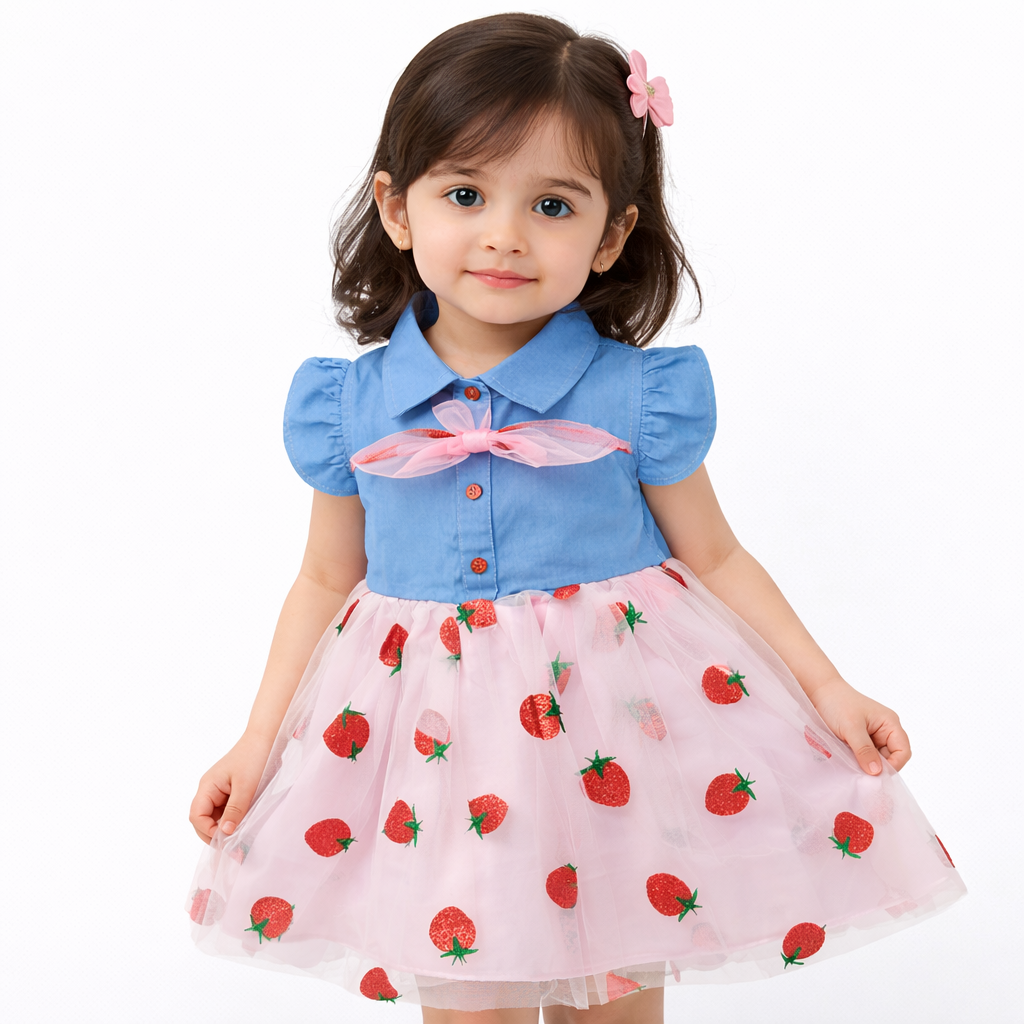 Blue and white strawberry frock with a white hat for children, featuring a charming design by lilcubspk.