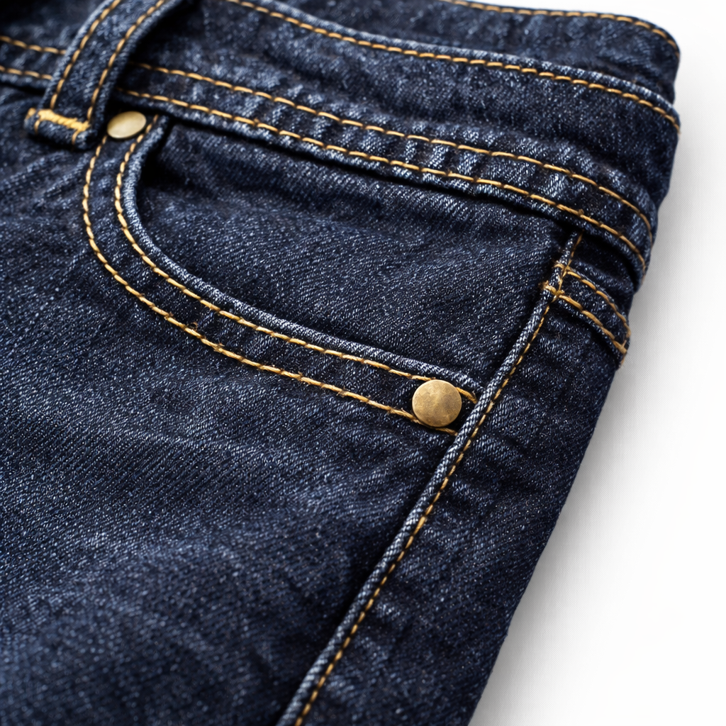 Girls dark indigo Minnie embroidered denim jeans by Lil' Cubs, showing the waistband, embroidered Minnie design, and classic denim texture.