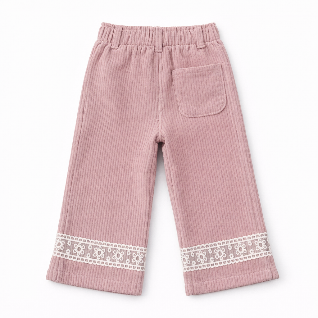 Girls Blush Pink Corduroy Trousers with Lace Hem