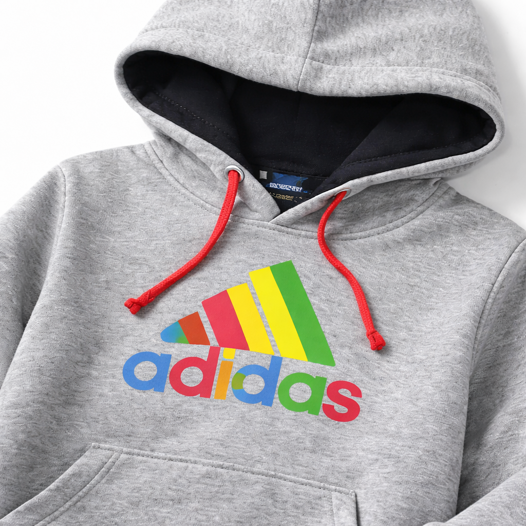 Grey Adidas-inspired fleece hoodie tracksuit by Lil' Cubs, featuring a comfortable fit and sporty design.