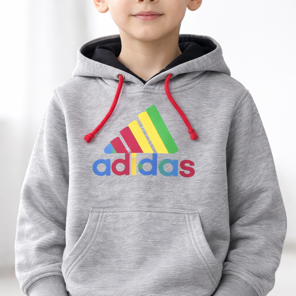 Grey Adidas-inspired Lil' Cubs fleece hoodie tracksuit with front pockets and a drawstring hood, perfect for casual wear.