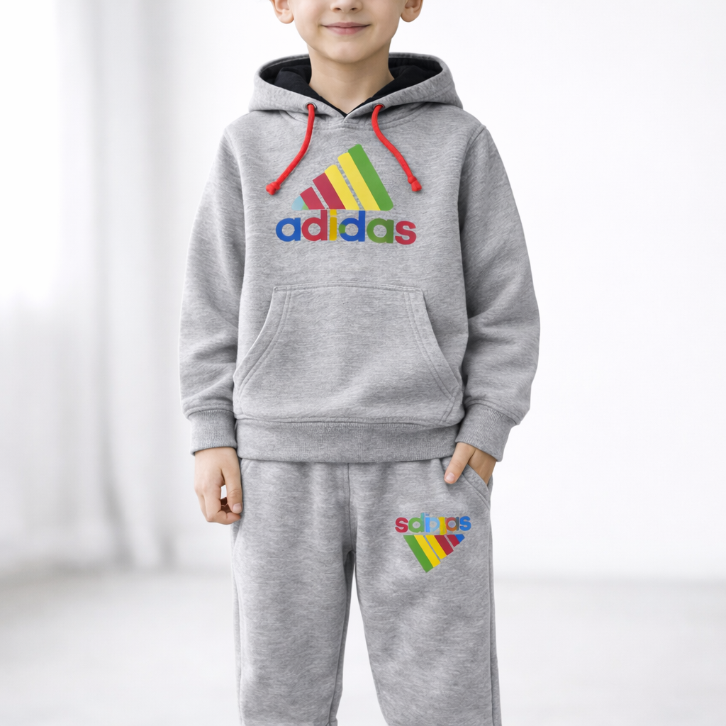 Grey Adidas-inspired fleece hoodie tracksuit by Lil' Cubs, featuring a comfortable fit and athletic style.