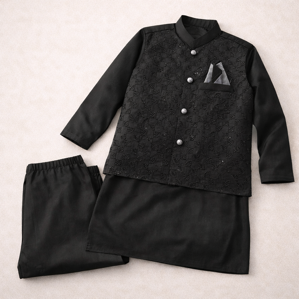 Boys Black Cotton 3 Piece Waistcoat Shalwar Kameez