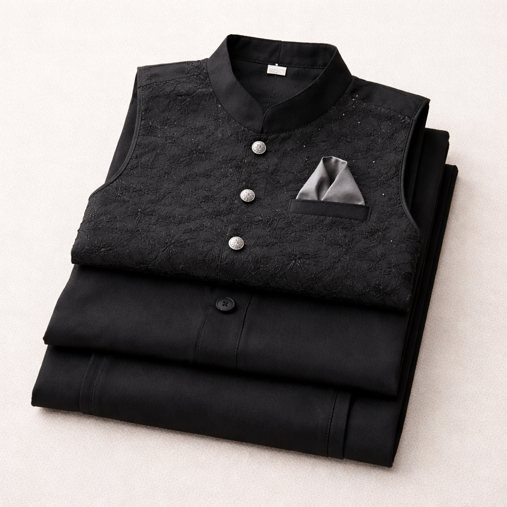 Boys Black Cotton 3 Piece Waistcoat Shalwar Kameez