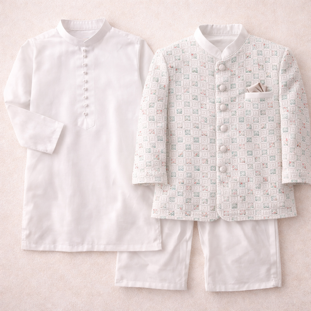 Boy wearing white cotton shalwar kameez with a prince coat, traditional three-piece outfit for boys by lilcubspk.