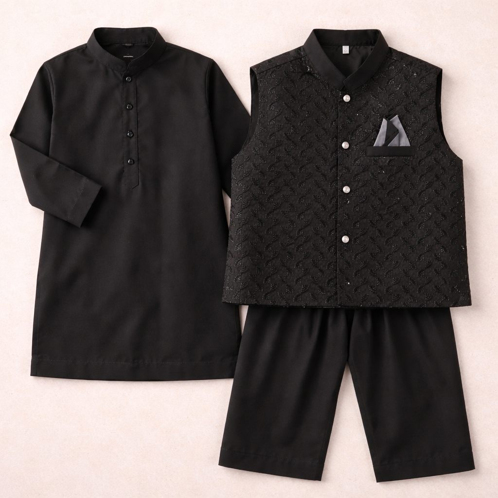 Boys Black Cotton 3 Piece Waistcoat Shalwar Kameez