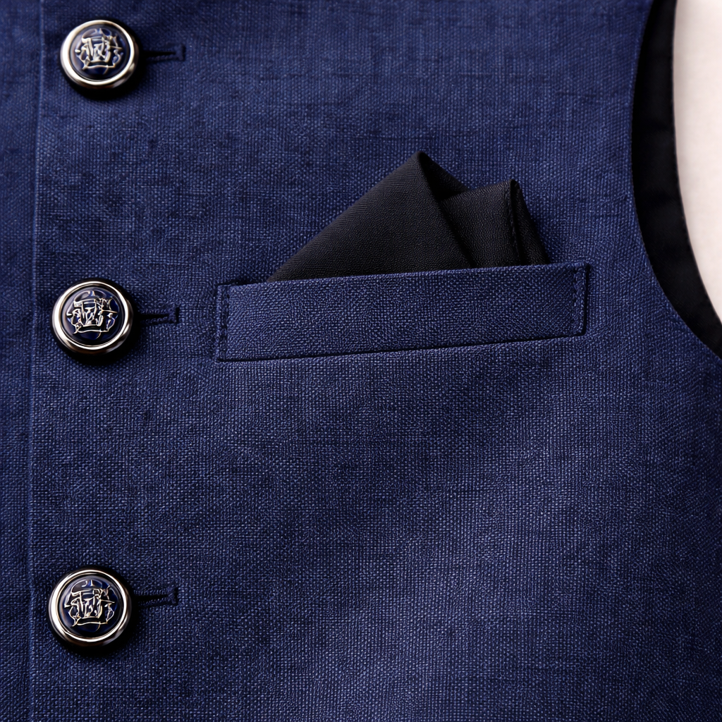 Blue cotton boys' prince coat waistcoat with button details, perfect for formal occasions, by lilcubspk.