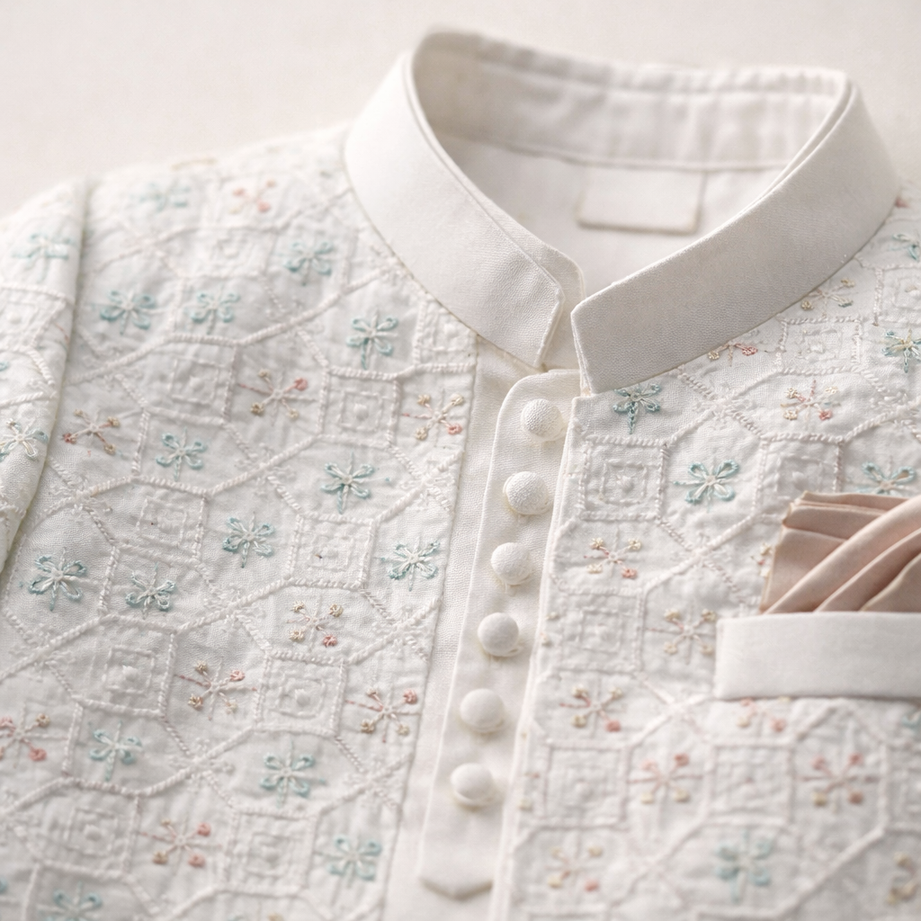 Boy wearing white cotton shalwar kameez with a prince coat, traditional three-piece outfit for boys by lilcubspk.