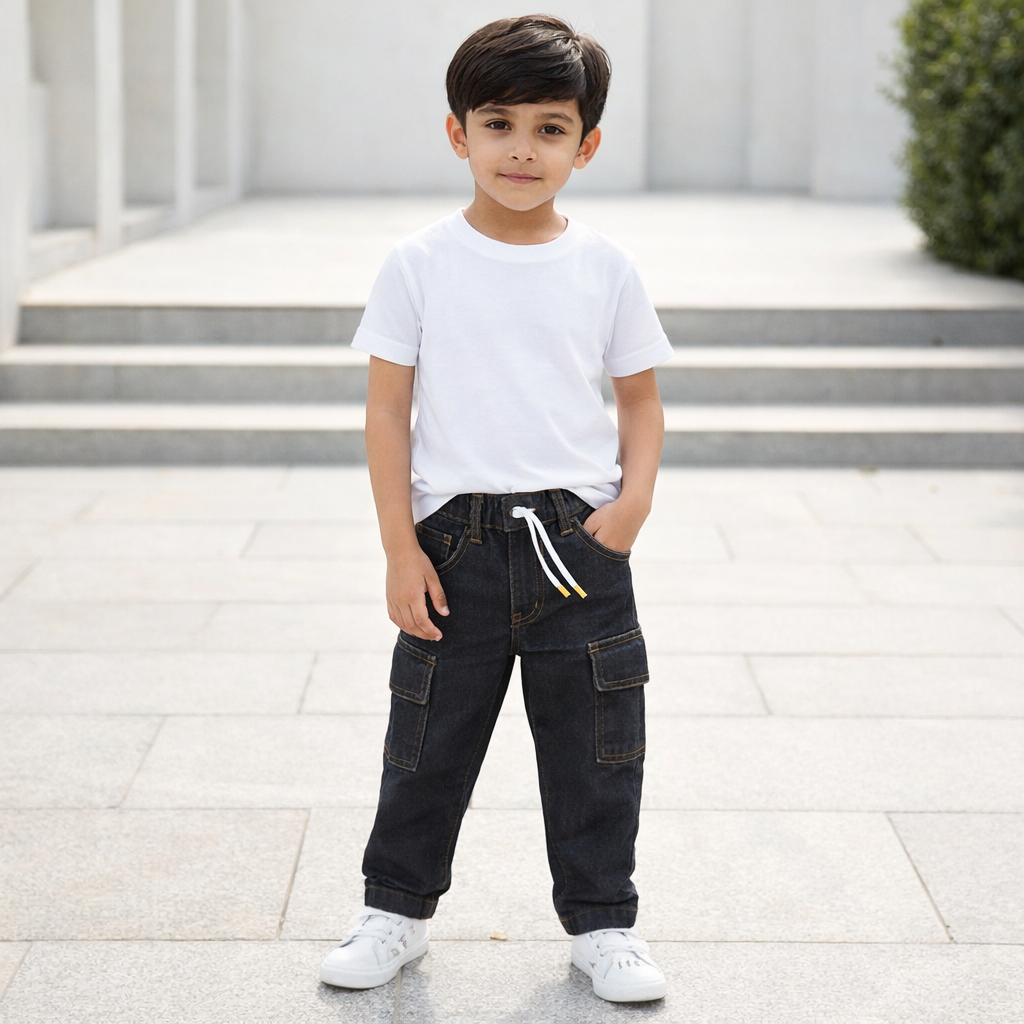 Boys Black Denim Cargo Jeans