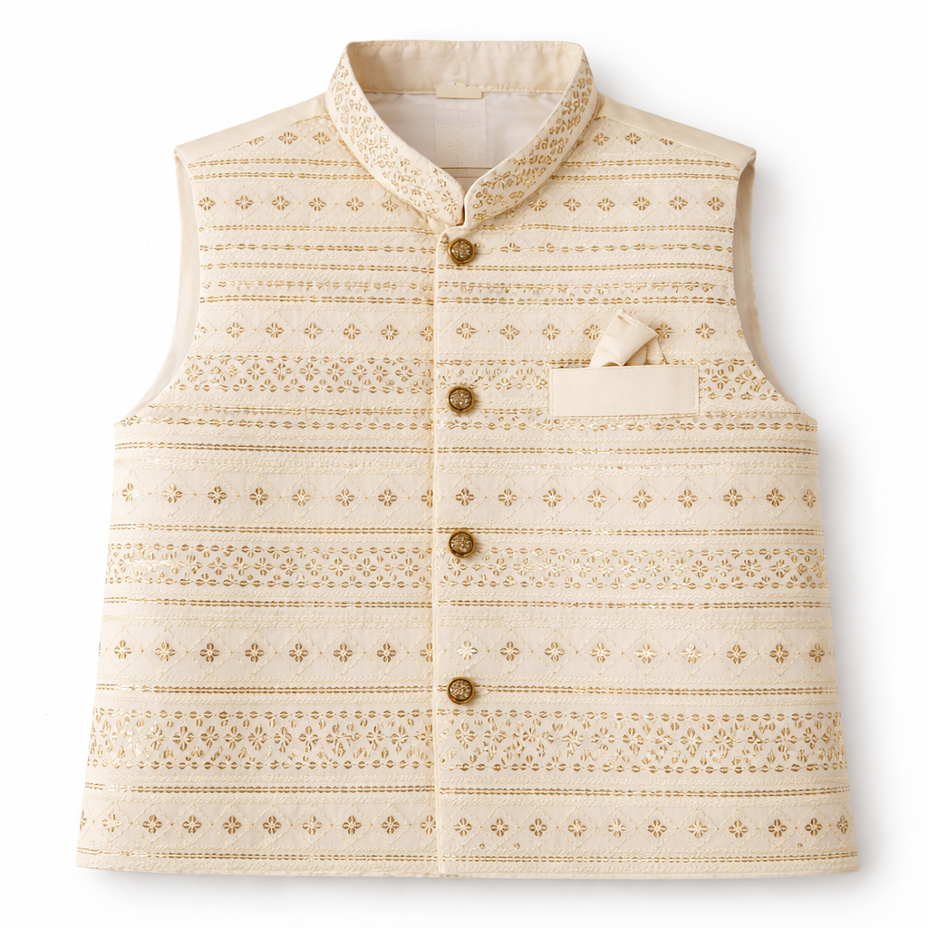 Boys Off White Cotton 3 Piece Waistcoat Shalwar Kameez