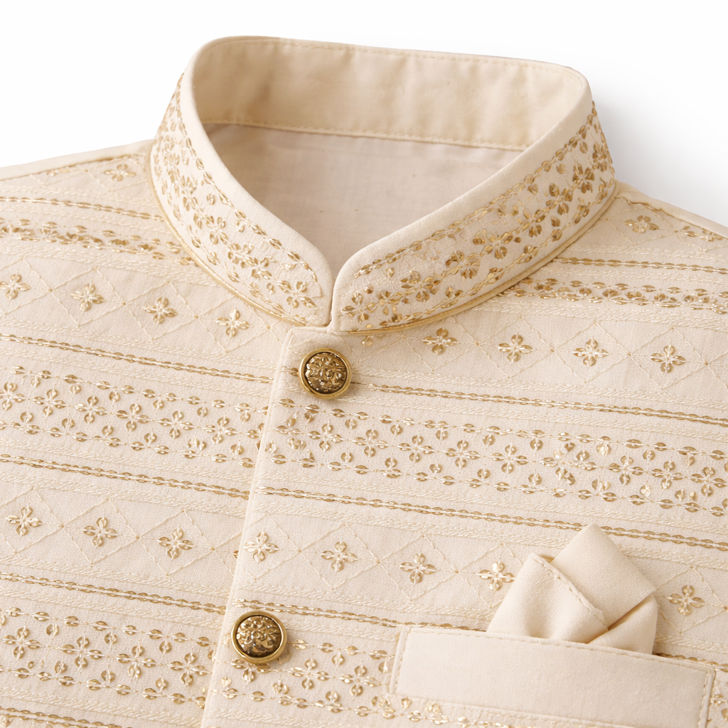 Boys Off White Cotton 3 Piece Waistcoat Shalwar Kameez