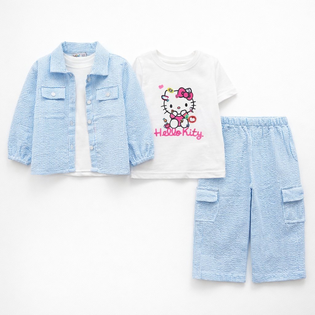 Blue Kitty Print Casual Coord Set (3-Piece)