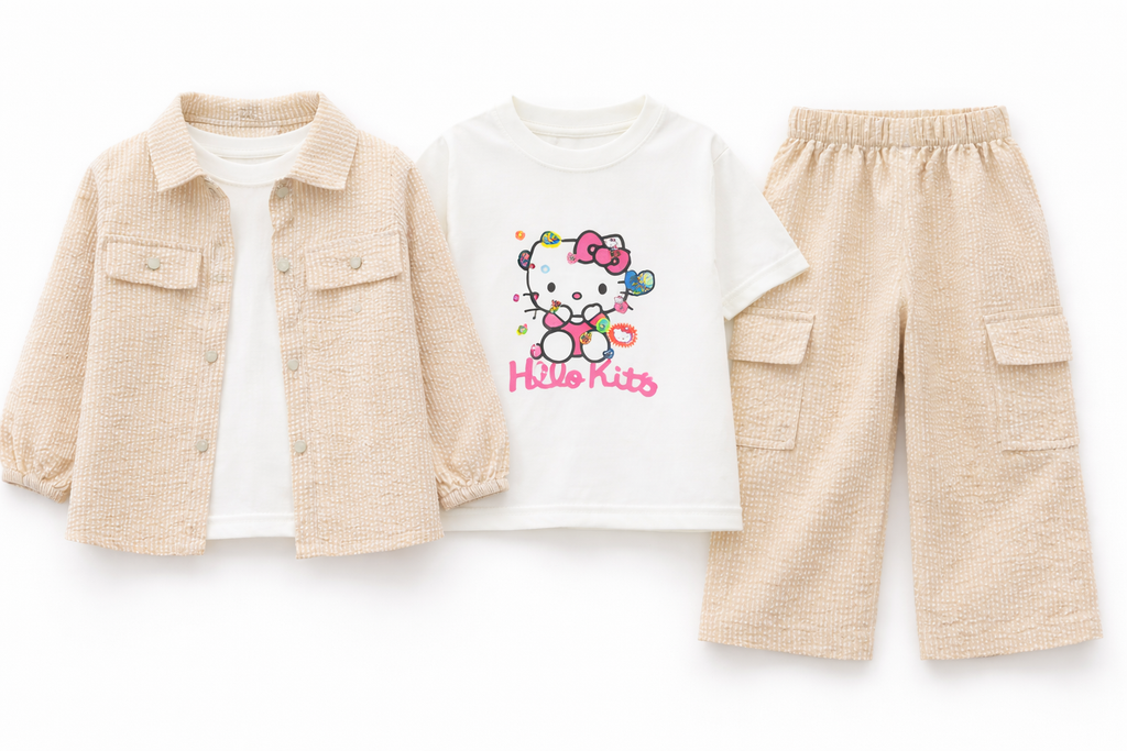 Cream Beige Kitty Print Casual Coord Set (3-Piece)