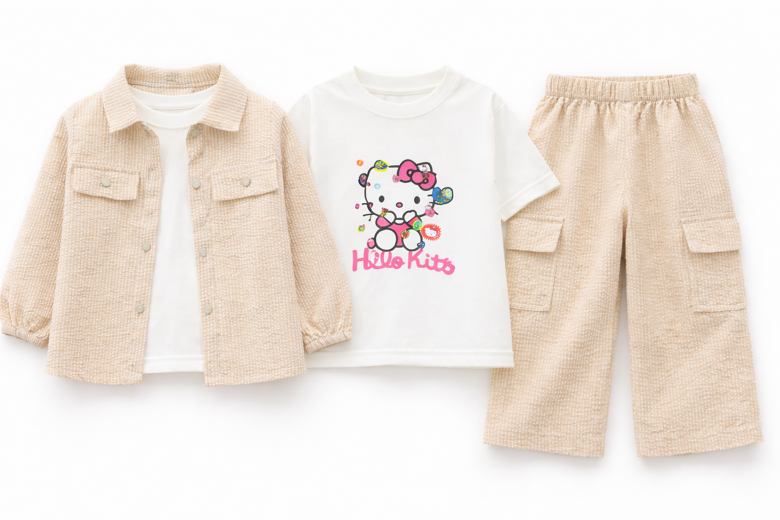Cream Beige Kitty Print Casual Coord Set (3-Piece)