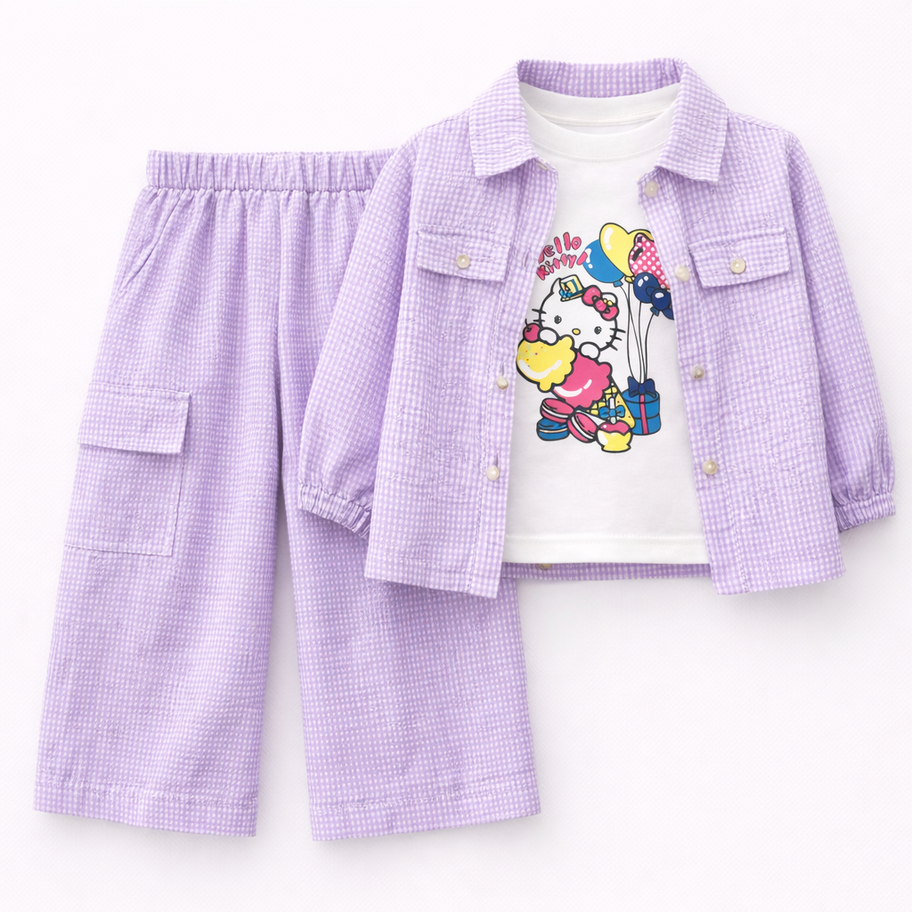 Lilac Kitty Print Casual Coord Set (3-Piece)