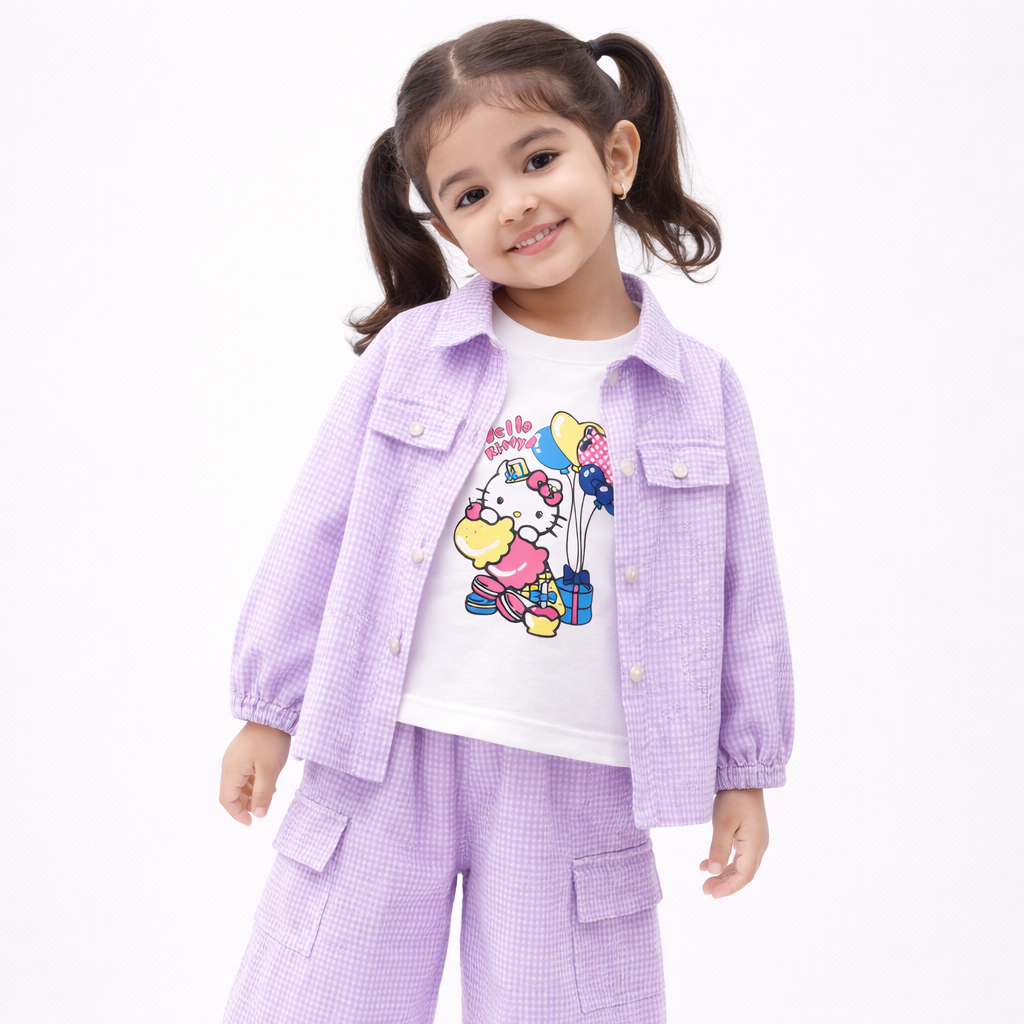 Lilac Kitty Print Casual Coord Set (3-Piece)