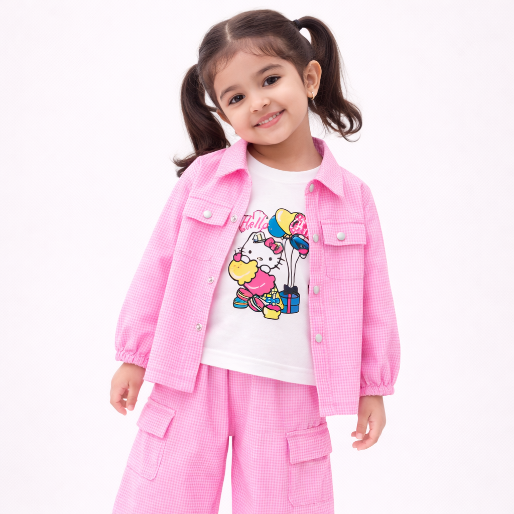 Candy Pink Kitty Print Casual Coord Set (3-Piece)