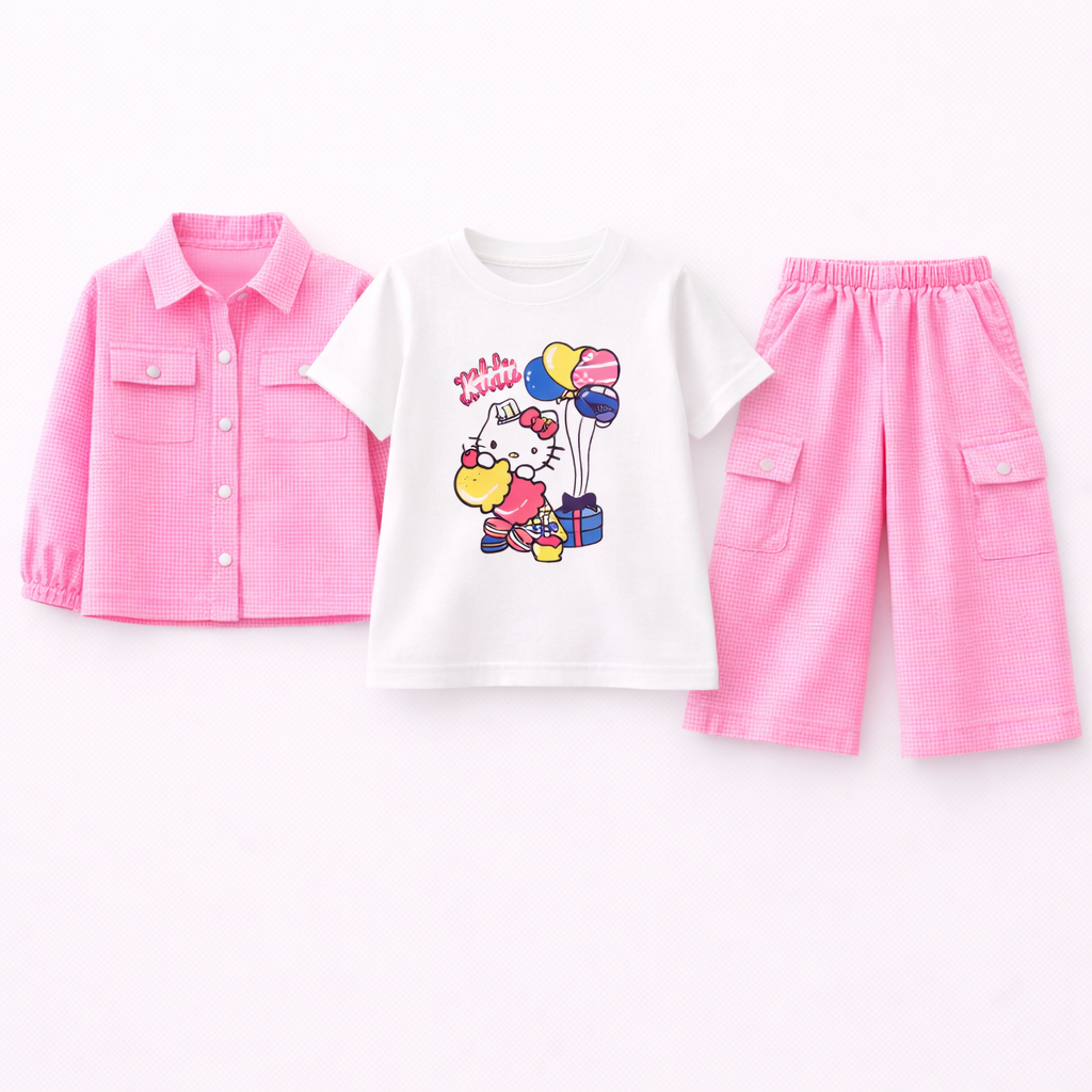 Candy Pink Kitty Print Casual Coord Set (3-Piece)