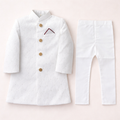 Boys white prince coat 2-piece set with decorative buttons and collar, featuring a stylish and formal design for special occasions.