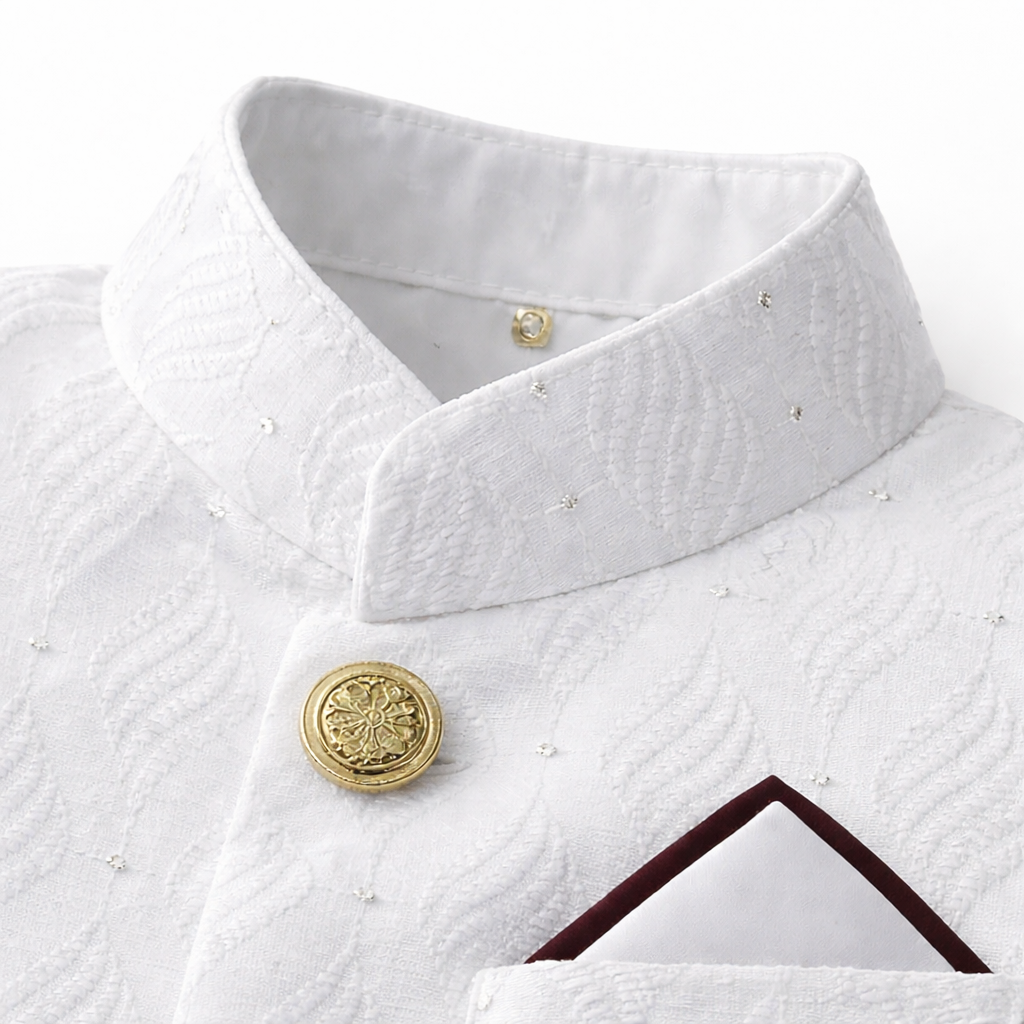 White boys' prince coat, 2-piece set from lilcubspk featuring a stylish and formal design with buttons and decorative details.